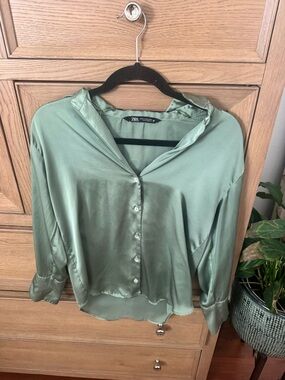 ZARA Satin Button-Down Blouse in Light Sage Green